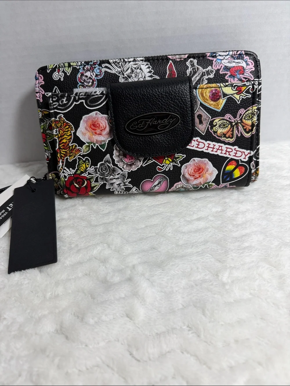 Ed Hardy Black Floral & Tattoo-Print Zip Wallet